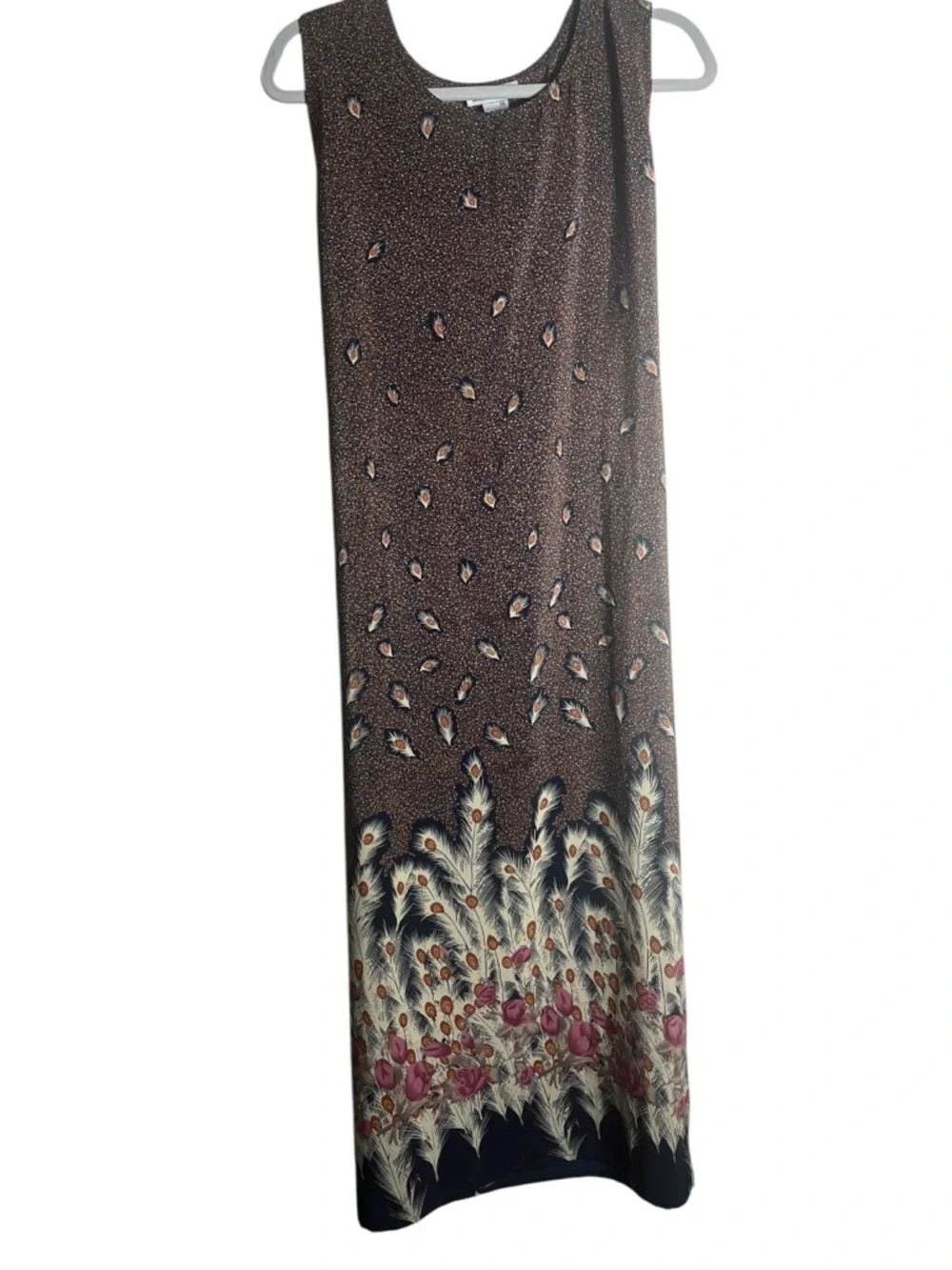 Vollr Maxi Dress Sleeveless Boho Feather‎ Floral Print Brown Long Dress Size M
